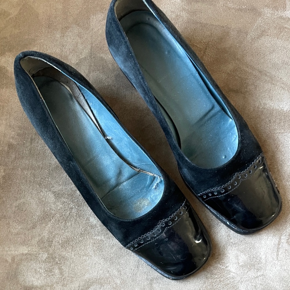 Joan and David suede heels with patent leather toe.